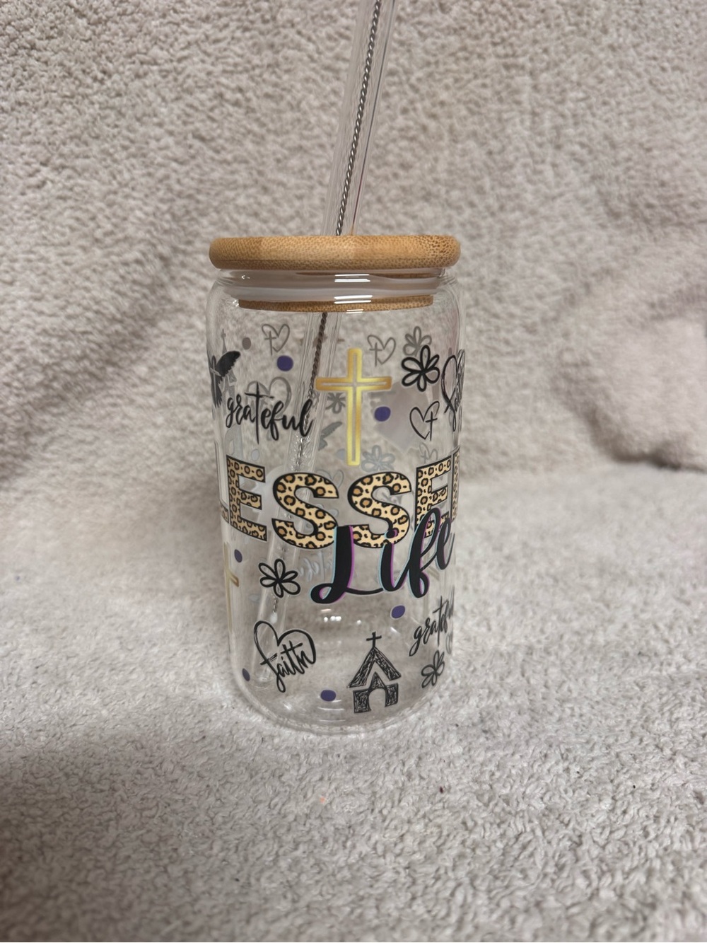 Faith-Inspired Clear Glass Tumbler with Bamboo Lid, Glass Straw and Straw Cleane